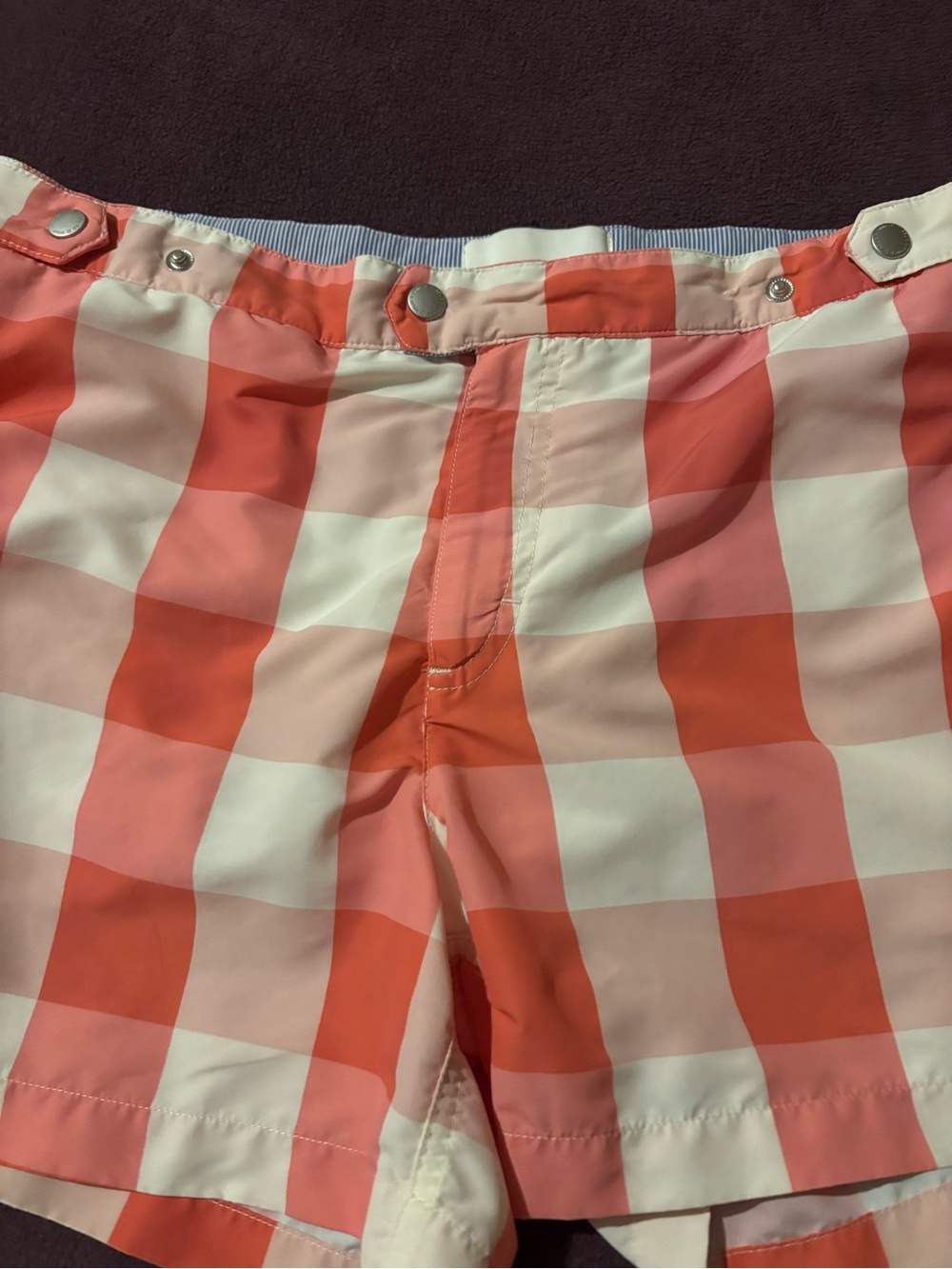 SOLID & STRIPED Coral and White Check Swim Trunks